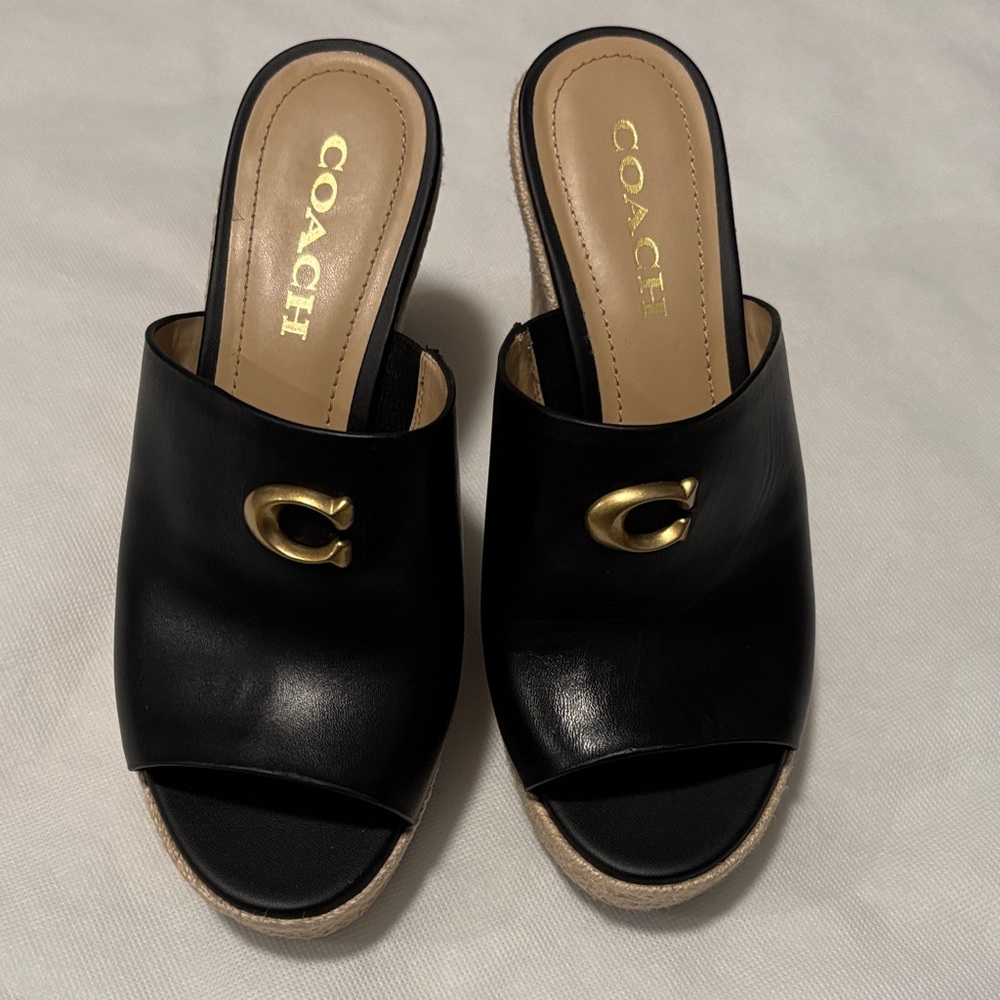 Coach Black Leather Mules with Gold Accents